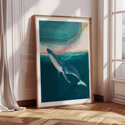Abstract Whale Ocean Painting | Emerald and Gold Wall Art | Modern Marine Print | Coastal Nature Decor | Minimalist Ocean-Inspired Poster
