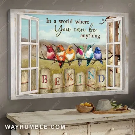 Colorful hummingbird, Garden painting, Window frame, Be kind - Jesus Landscape Canvas Prints, Wall Art 24x16