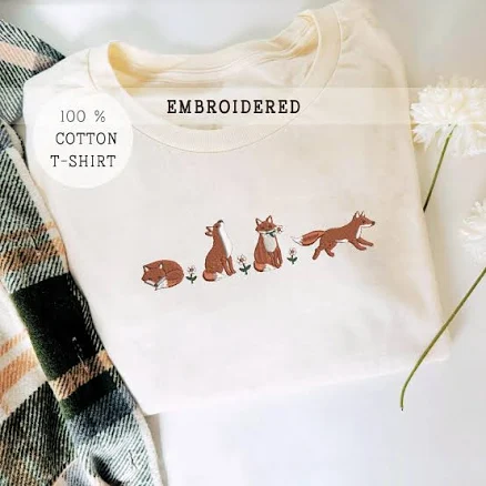 Embroidered Fox and Daisy Cotton T-Shirt
