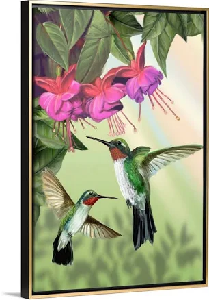 Fuchsia and Hummingbirds - Vertical | Large Canvas, Gold Floating Frame Wall Art Print | Great Big Canvas