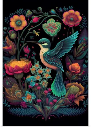 Great Big Canvas Hummingbird in Garden Full of Flowers 1 Large Canvas Wall Art Print