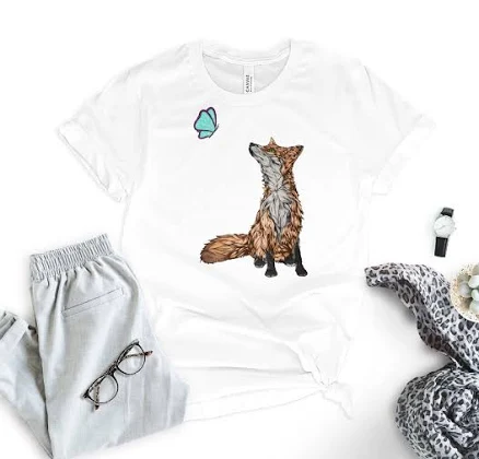 Hand-Drawn Fox and Butterfly T-Shirt