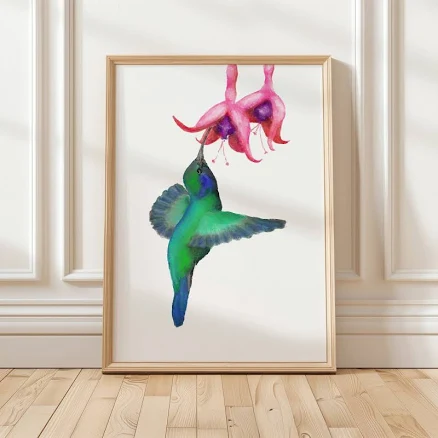 Hummingbird and Fuchsia Flower Art Print – Nature Inspired Decor 24x30
