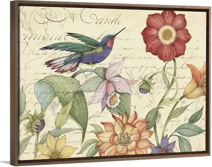 Hummingbird Garden | Large Canvas, Walnut Floating Frame Wall Art Print | Great Big Canvas