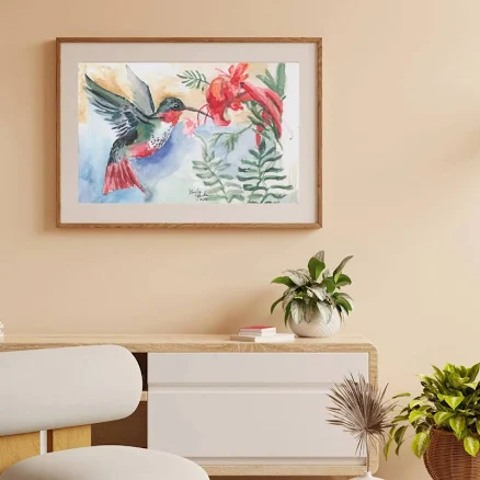 Hummingbird Watercolor Print, Bird and Flower Print, Nature Decor, Flower Garden 5 x 7 Inches