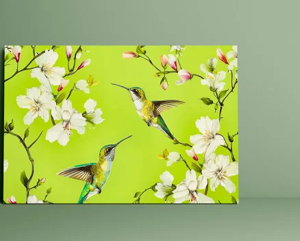 Iridescent Hummingbirds Art – Vibrant Garden Decor | White Magnolia Wall Art Print Print / Landscape: 24" x 16"