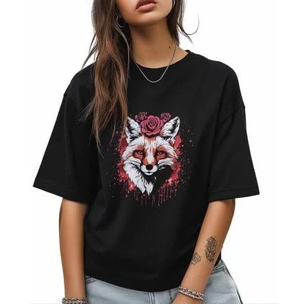 KITCHXN T Shirts for Women Short Sleeve Cotton Crewneck T-Shirt, Animal Fox Rose Red Tee Tops Casual Basic T-Shirts, Xs-5xl Black XS, Women's