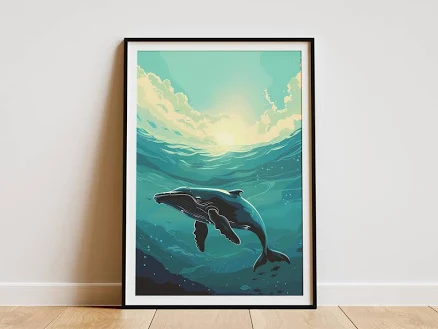 Ocean Whale Poster Minimalist Wall Art Underwater Sea Life Print Modern Home Decor Blue Green