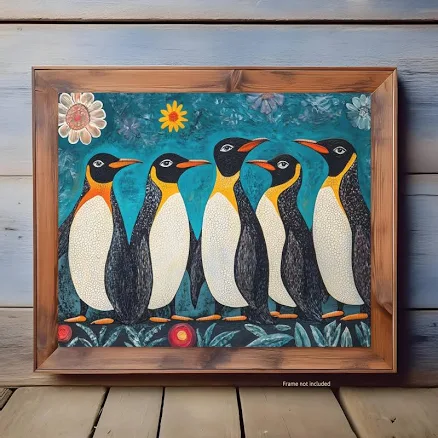 Penguin Wall Art Print, Colorful Coastal Bird Illustration, Whimsical Ocean Wildlife Decor, Nautical Penguin Artwork, Arctic Nature Print
