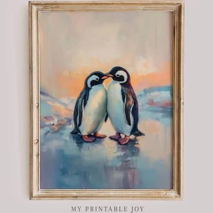 Romantic Penguin Couple Print Ice Sunset Vintage Painting Wall Art for Animal Lovers Nature Homes Weddings Valentines Day Anniversary Gift
