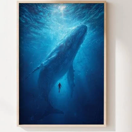 Upon the Belly of the Whale | Symbolist Ocean Poster | Heros Journey Inspired Wall Art Print | Mystical Deep Sea Diver & Whale Artwork