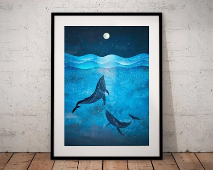 Whale Print, Whale Poster, Night Ocean, Blue Whales, Ocean Wall Art, Nautical Print, Sea Poster, Whales Swimming, Whale Illustration, Sea