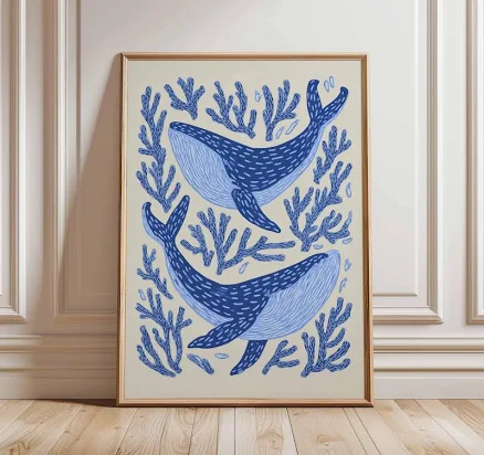 Whale Wall Art Print | Ocean Marine Life Poster | Coastal Nautical Decor | Blue Sea Animal Illustration for Home