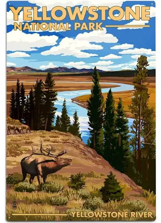 Yellowstone National Park, Wyoming, Yellowstone River and Elk Metal Signs