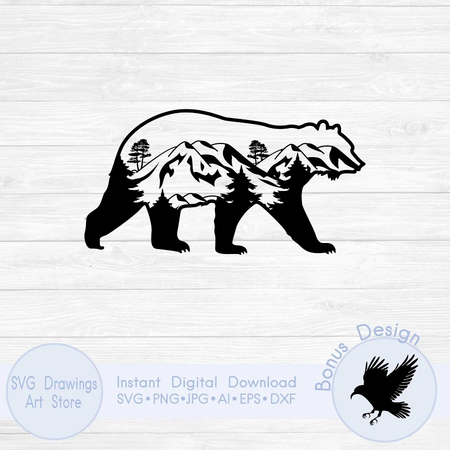 Nature scene bear svg, Mountain bear svg, Mountain forest svg, Landscape svg, Pine trees svg, Camping svg