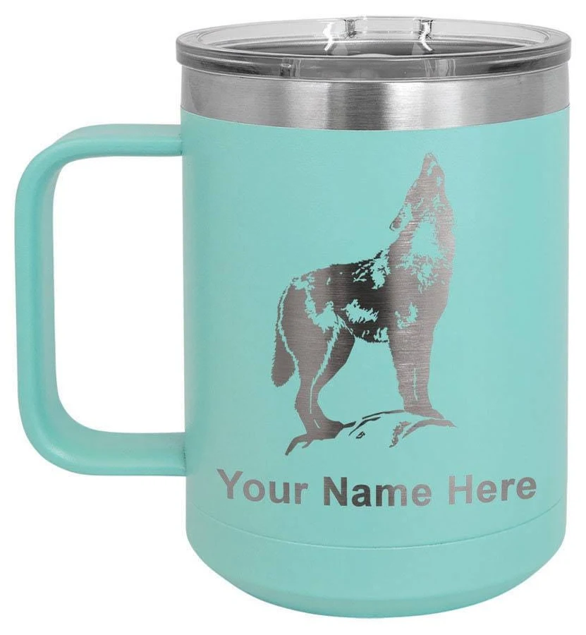 LaserGram 15oz Vacuum Insulated Coffee Mug, Howling Wolf, Personalized Engraving Included