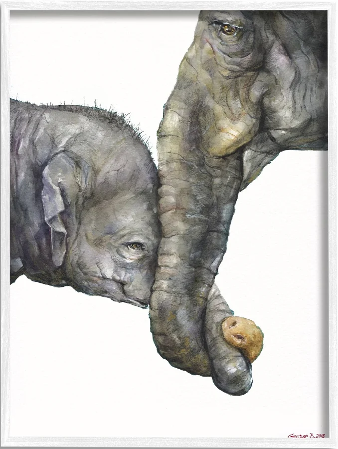 Stupell Framed Art Print MDF Watercolor Baby Elephant Family Gray Wall Decor 24"x30" by George Dyachenko