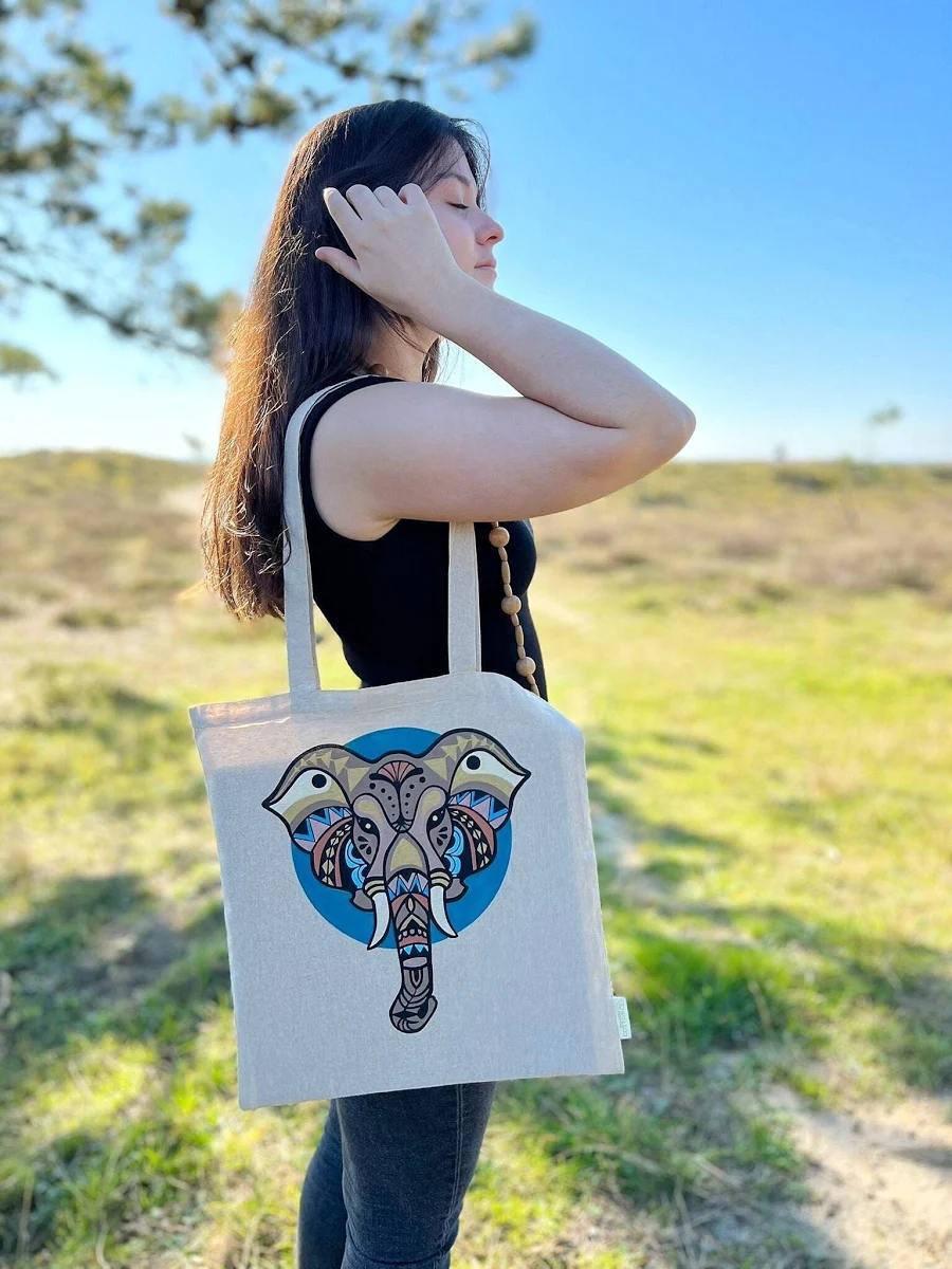 Elephant Tote Bag, Natural Fabric Tote Bag, Ecofriendly Shopping Bag, Elephant Shopping Bag, Nature Tote Bag, Art Elephant Bag, Painted Tote
