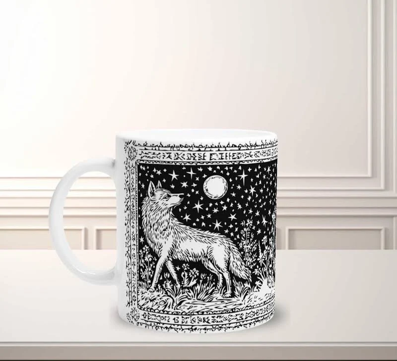 Starry night wolf coffee mug artistic, fairy celestial coffe cup - 11oz