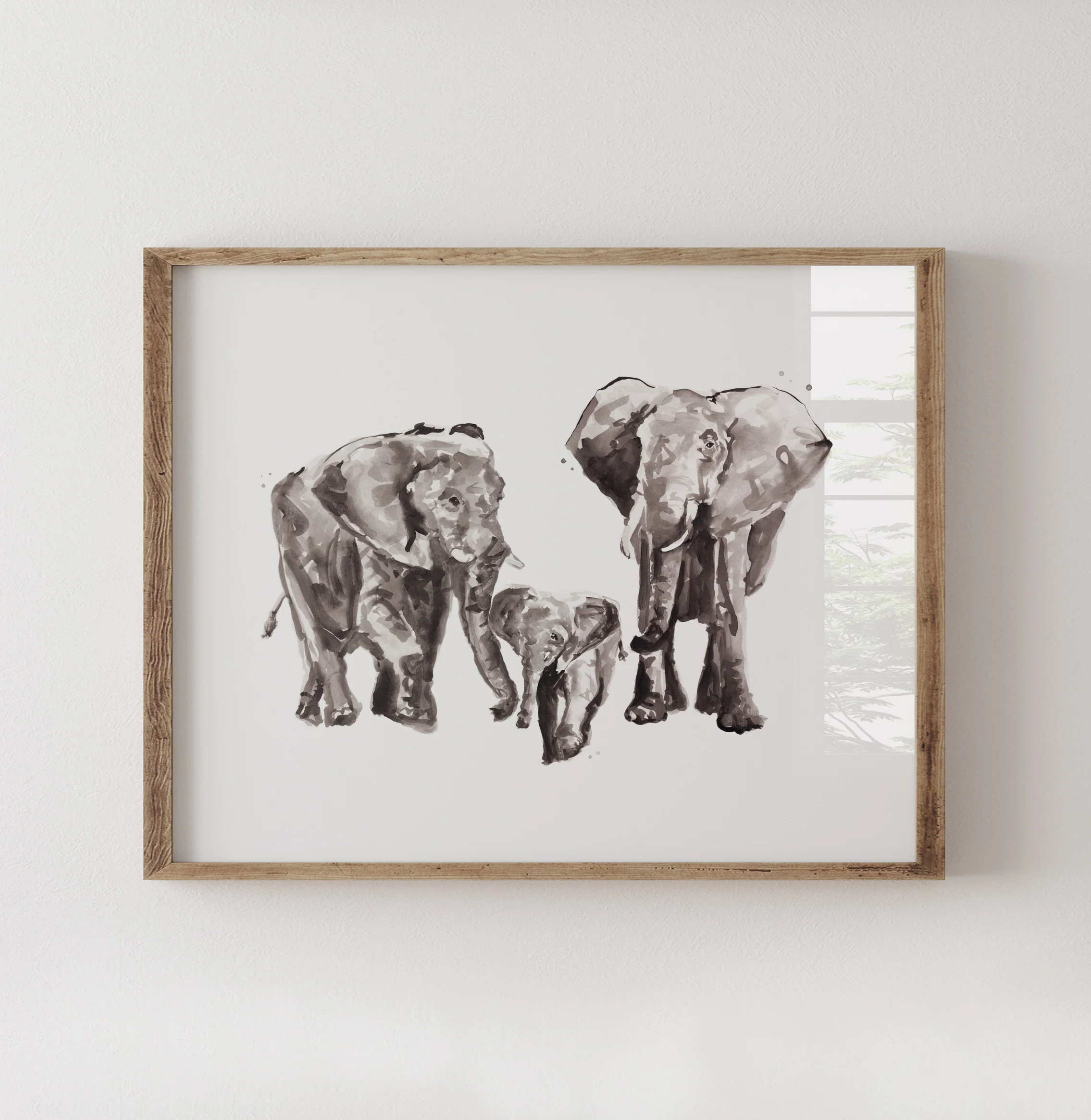 Elephant Family of 4 Safari Animal Watercolor Art Print