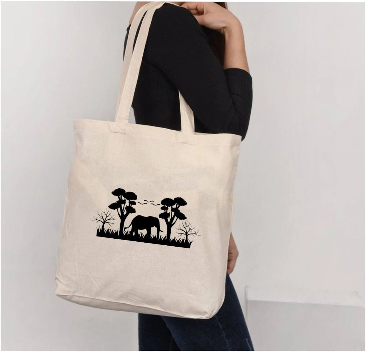 Elephant Safari Silhouette Canvas Tote Bag - Reusable Market Bag