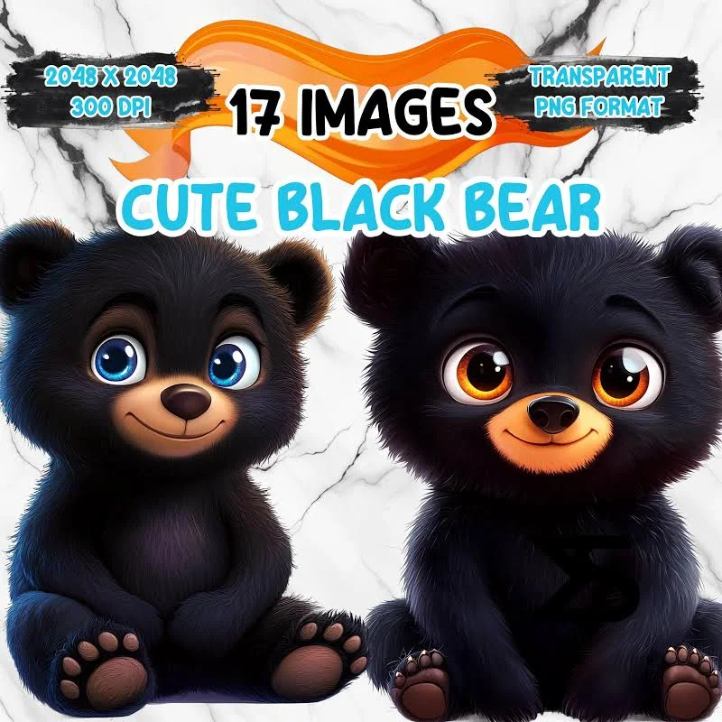 Watercolor Cartoon cute black bear, black bear Clipart bundle, commercial use, digital download, instant download