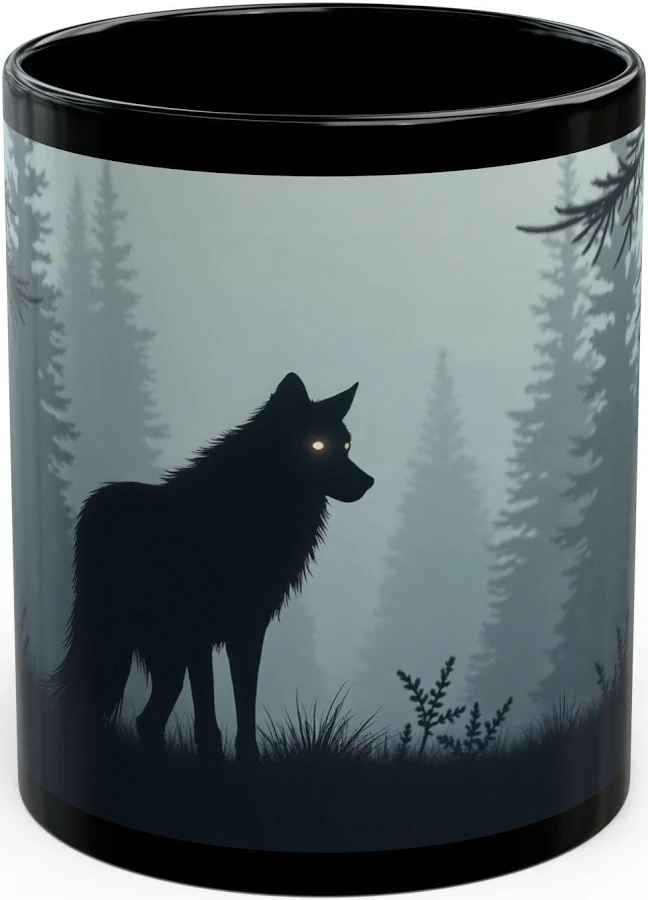 Black Wolf Mug: Minimalist Forest Design, Wildlife Gift (11oz or 15oz)