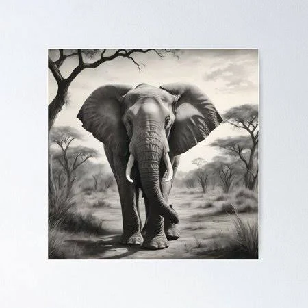 Kiloa Elephant Wildlife Illustration Poster, 24x36 Unframed, Size: 24 x 36