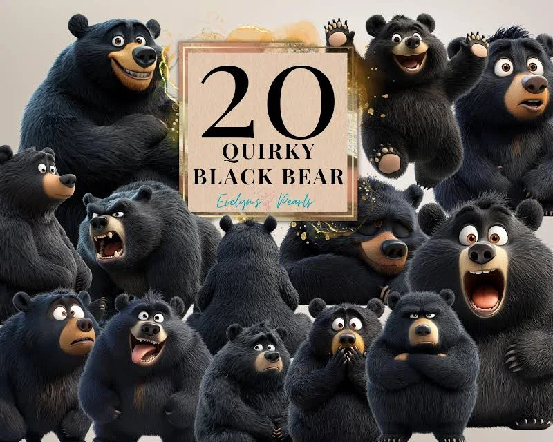 Quirky Black Bear Clipart Funny Black Grizzly Bear PNG Quirky Bears Clipart Woodland Animals Sublimations Graphics | Commercial Use Clipart