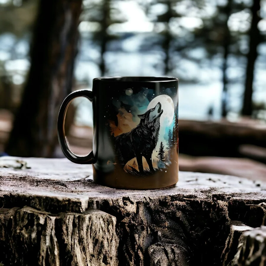Howling Wolf Coffee Mug - Howling Wolf Mug, Wolf Coffee Cup, Wolf Cup, Wolf Gift, Luminous Cup, Moon Mug, Full Moon, Wolf Lover Gift