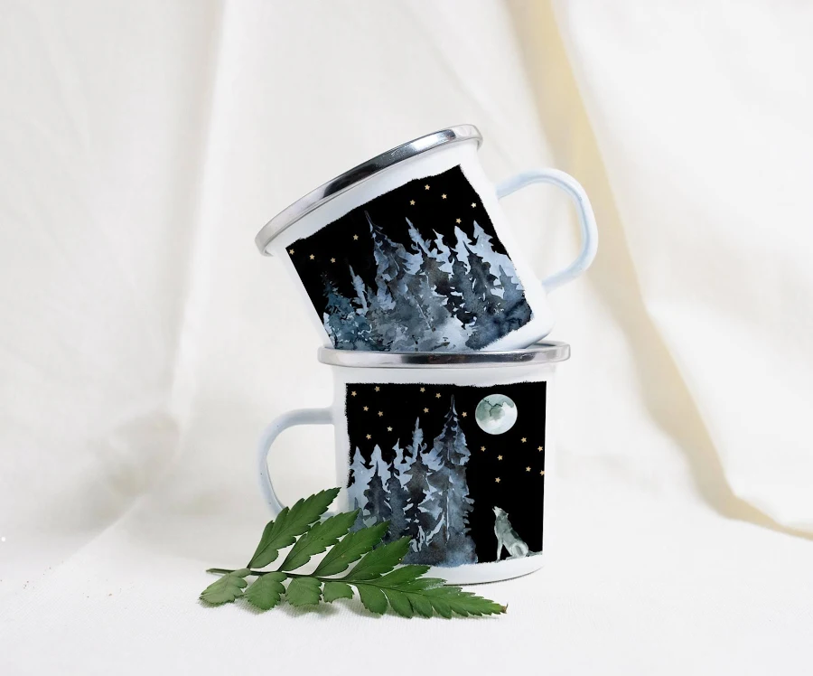 Howling Wolf Metal Mug, Wolf Howl Full Moon Camp Mug, Winter Landscape Wolf Mug, Wolf Lover Gift, Mom Gift, Brother Gift