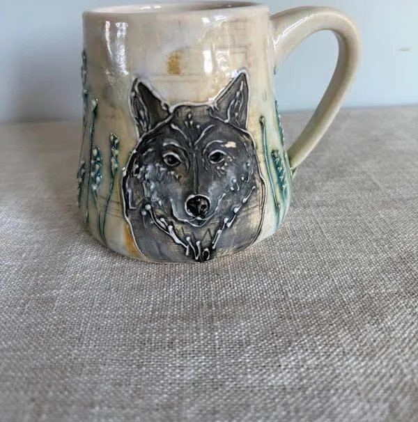 Handmade Pottery wolf Mug, Botanical Forest Design