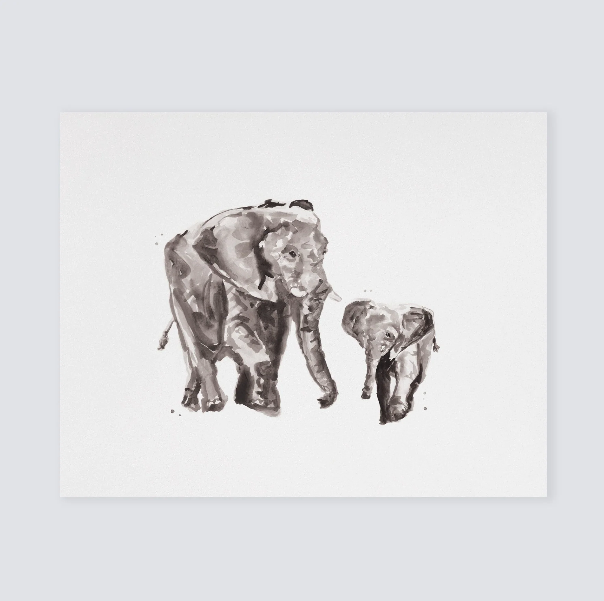 Mama Elephant and Baby Calf Watercolor Art Print
