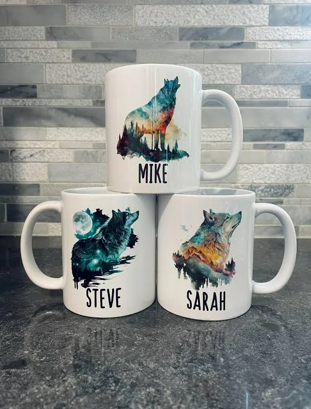 Wolf Mug: Custom Name Under Wolf Art