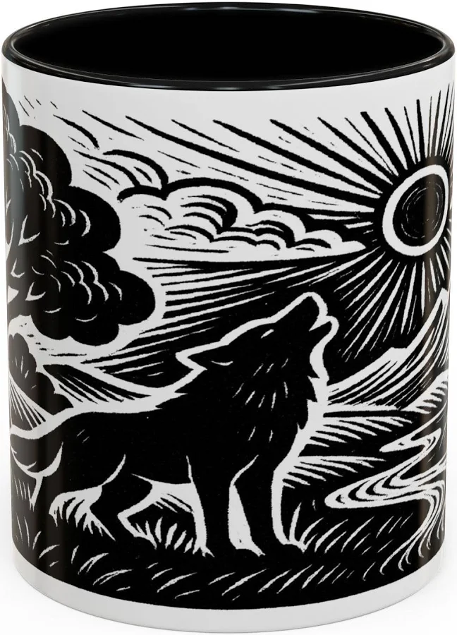 Howling Wolf Coffee Mug, Linocut Nature Coffee Cup, Woodland Wildlife Mountain Scene, Gift for Nature Lovers, 11oz and 15oz Sizes