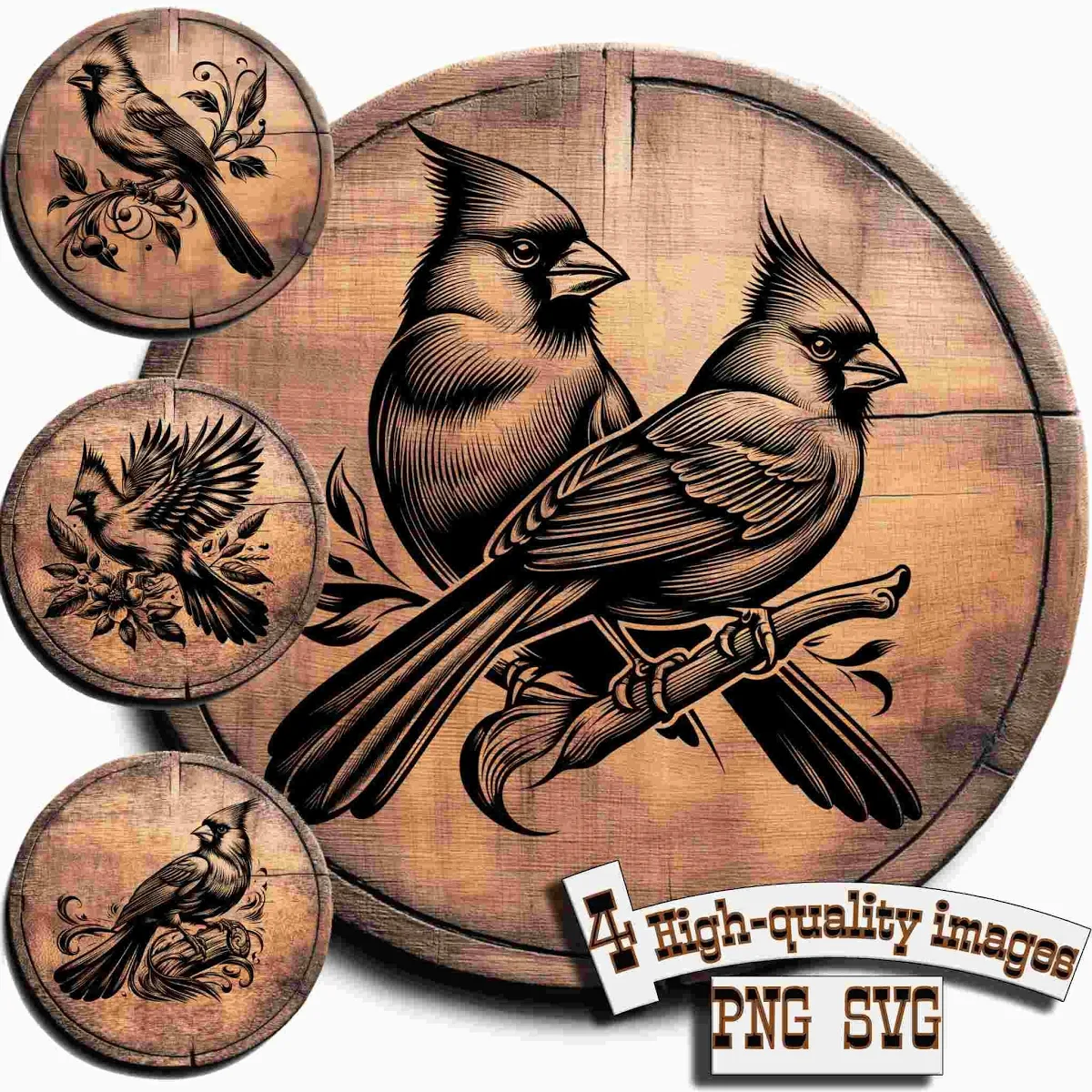 Bundle 4 Cardinal bird vector for design on wood, t-shirts, slate, canvas, mugs, laser engraving. Cutting Board Design, PNG/SVG