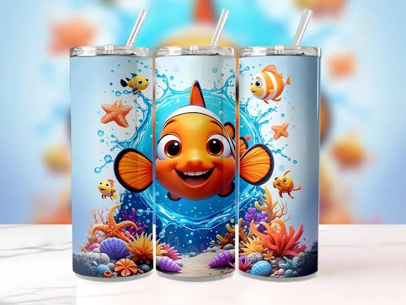 Nemo Clownfish Tumbler Wrap 20oz PNG | Cute Ocean Theme Sublimation Design | Underwater Coral Sea Life Digital Download for Kids