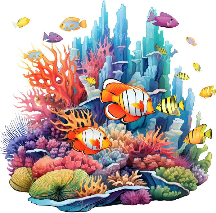 Vibrant Ocean Coral Reef & Cheerful Fish Clip Art - Printable T Shirt, Mug Sublimation Transparent PNG Clipart -Commercial,Digital Download