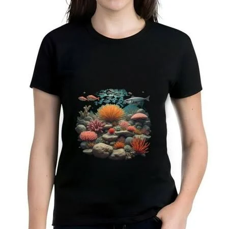 Jane Yi Women's Cotton Short Sleeve T-Shirt with Vibrant Underwater Coral Reef Design - Colorful Marine Life & Pattern, Size: 2XL, Black