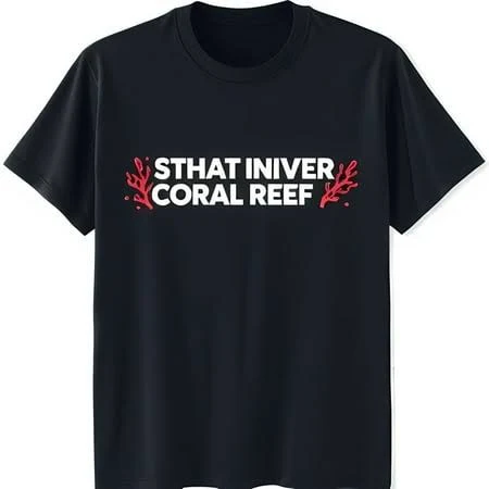JUNFPRINTEE Black T-Shirt with 'That Iniver Coral Reef' Text & Red Coral Accents Adult