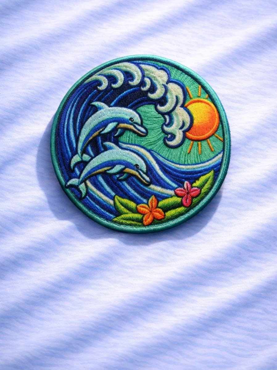 Dolphins & Ocean Waves Patch/Iron-On Patch/Sew-on Applique for Vest/Jacket Clothing Backpack Tote Bag, Sea Life, Surfers Gifts