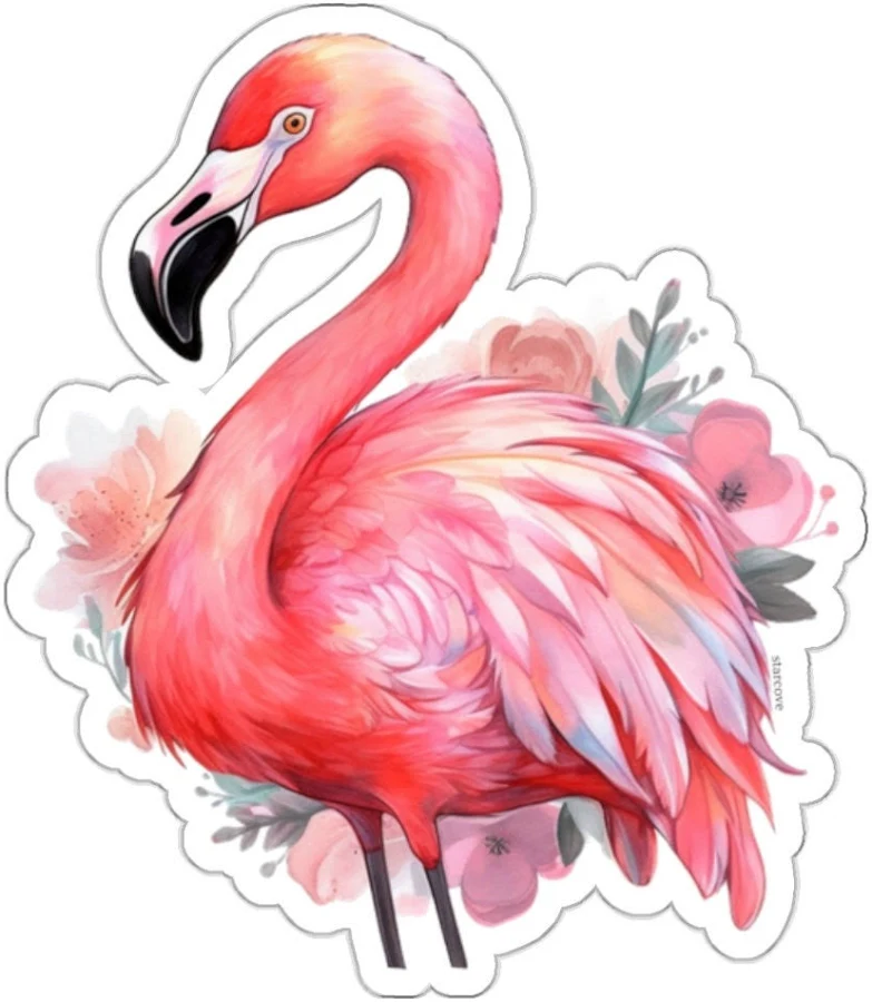 Pink Flamingo Sticker, Floral Watercolor Laptop Decal Vinyl Cute Small Large Waterbottle Tumbler Car Waterproof Aesthetic Die Cut Wall Mural