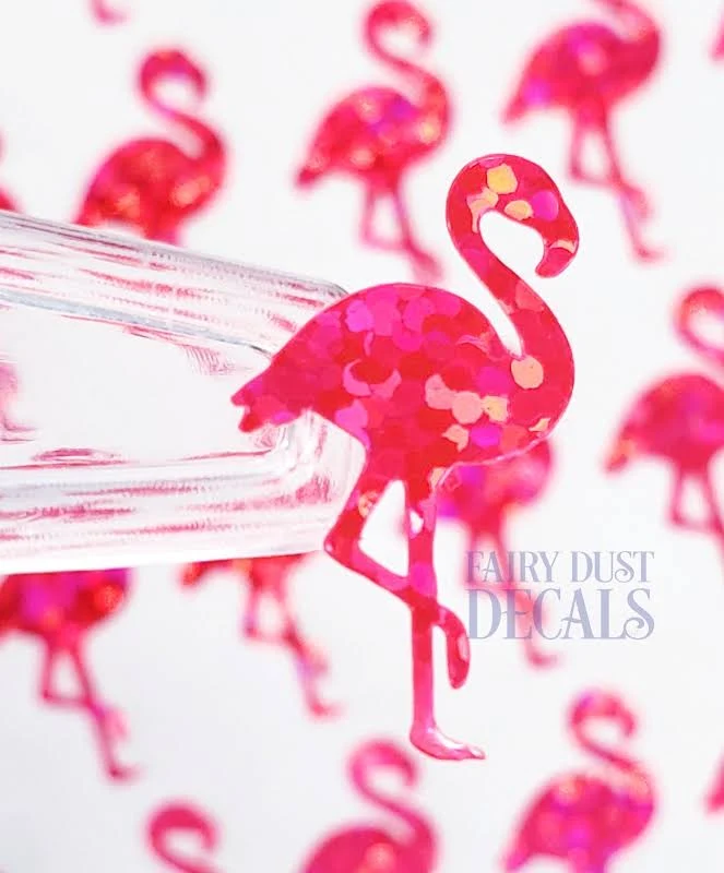 Pink Flamingos Sticker Sheet, set of 65 small tropical pink birds, vinyl decals for ornaments, journals, laptops and craft projects