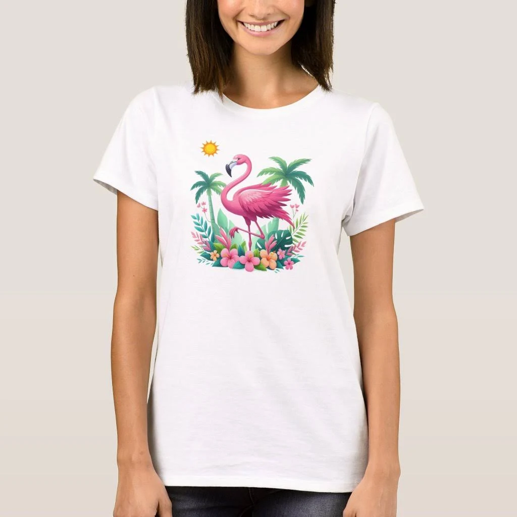 Tropical/Florida pink flamingo T-Shirt, Women's, Size: Adult S, White