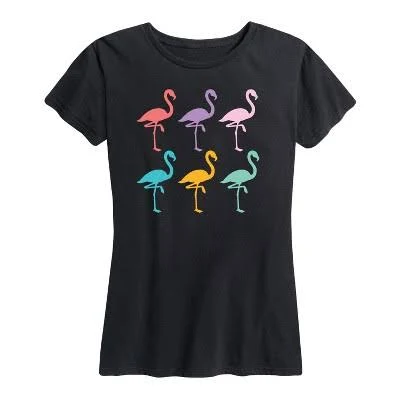 Women's Instant Message Rainbow Flamingos Short Sleeve Graphic T-Shirt - Black - Small