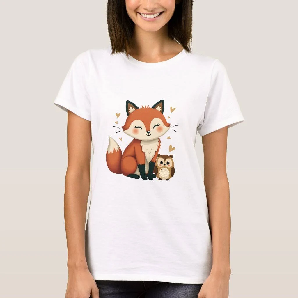 Fox and Owl Whimsical Woodland Illustration T-Shirt