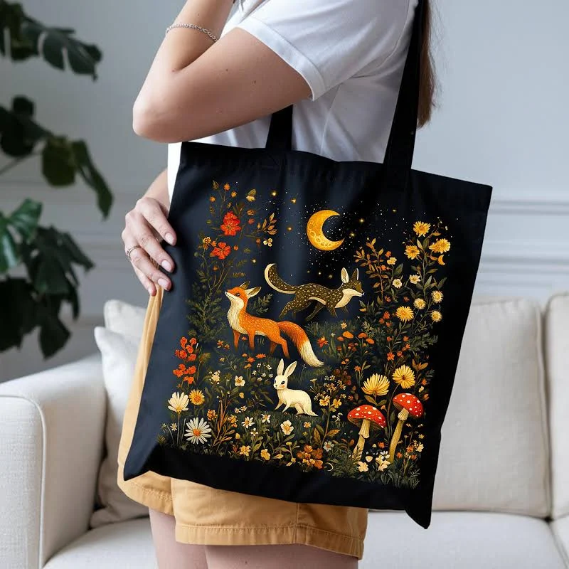 Fall Woodland Animals Tote Bag: Fox, Bunny & Wildflowers