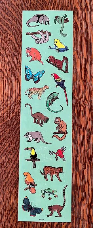 HTF Vintage Rainforest Animal Stickers - Parrot, Sloth, Monkey, Butterfly, Jaguar, Iguana, Tucan, Poison Dart Frogs, Lemur, Tamarin (20pcs)
