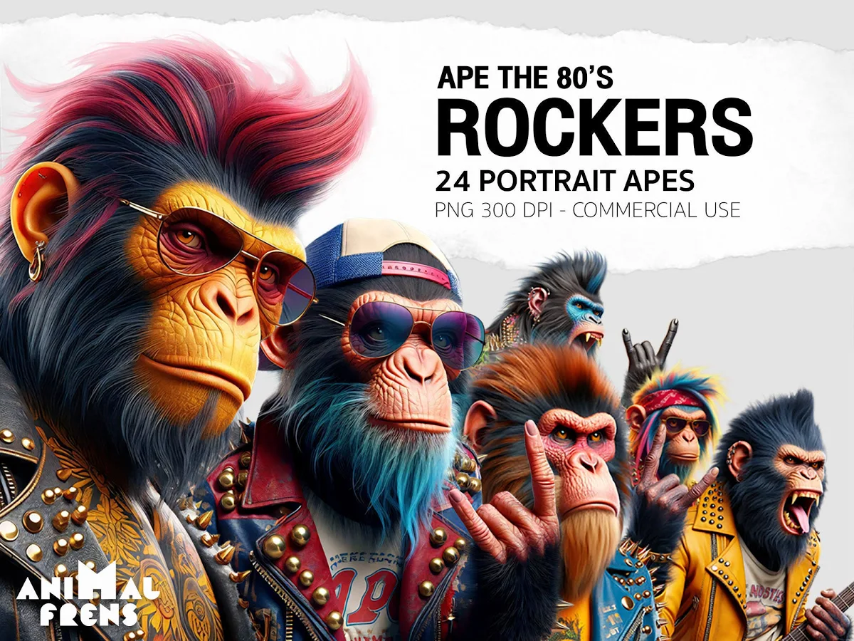 24 PNG APE The 80's Rockers - Monkey - Clipart Bundle - Animal PNG, Digital - Printable Art Download - Digital Prints -Sticker Scrapbooking