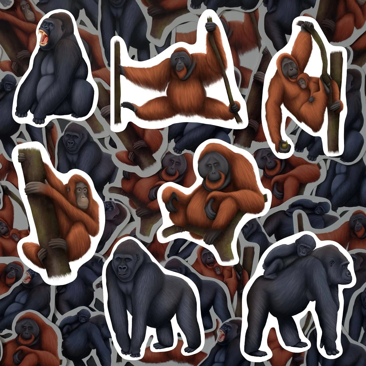 Great Apes Sticker Pack Primate Decals Waterproof Vinyl Lowland Gorilla Stickers Orangutan Lover Gift Jungle Stationery for Water Bottle